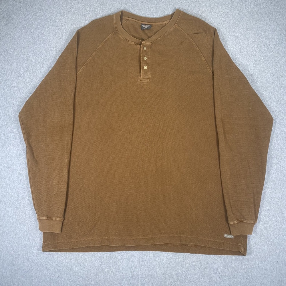 Woolrich Henley Shirt Mens XXL Brown Long Sleeve Waffle Knit Cotton 8077